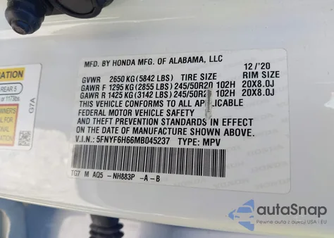 2021 Honda Pilot Awd Touring 7 Passenger из США, поврежденный, VIN 5FNYF6H66MB045237